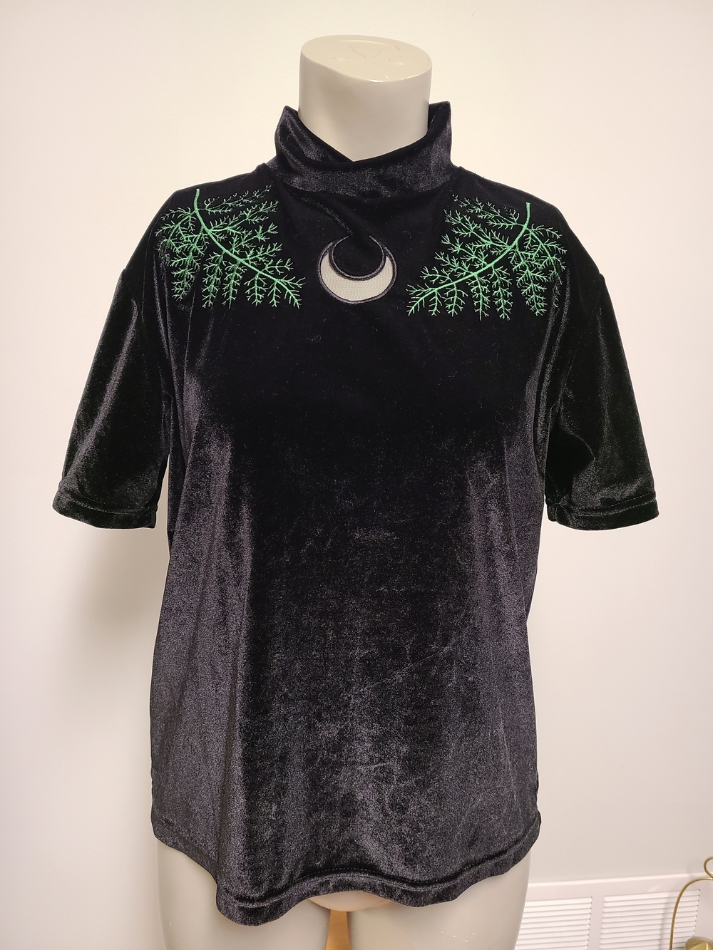 Black Velvet Short-Sleeve Tee w/ Green Embroidered Branches + Crescent Moon